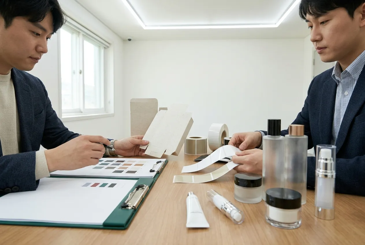 화장품 라벨과 단상자 및 인쇄 재질을 비교하는 모습