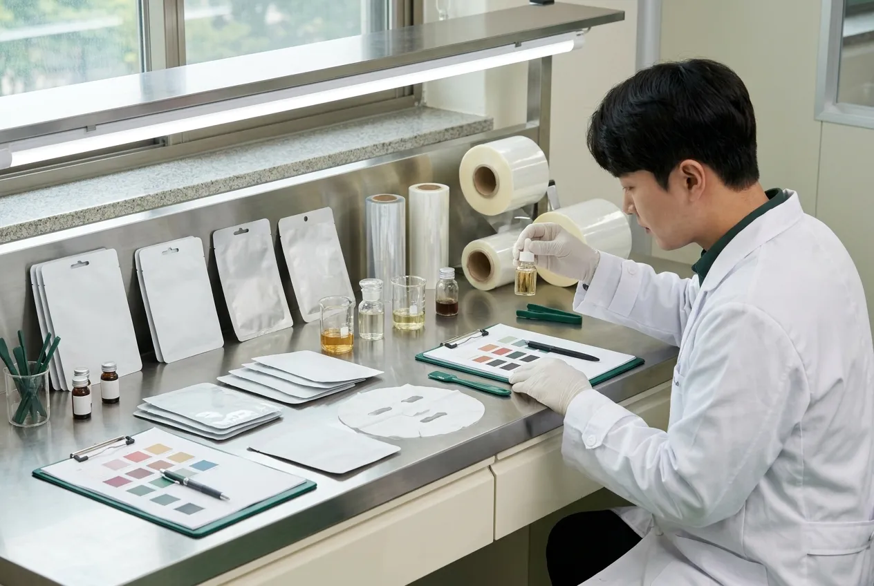 마스크팩 파우치와 시트 및 에센스 샘플