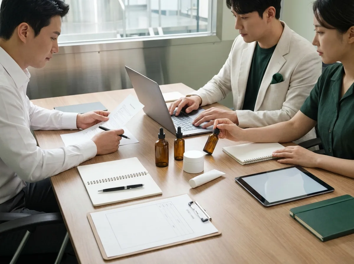 화장품 생산 사양과 수량을 최종 검토하는 미팅